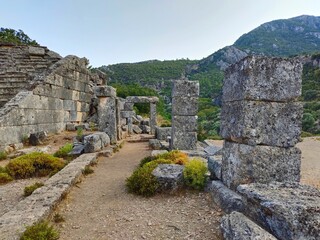 Pinara ruins of an ancient city near Fethiye, Mugla, Türkiye. Lycian tombs, ancient Roman...