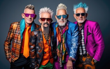 Funny old hipsters retired men wearing colorful clothes relaxing posing in a studio. Generative AI