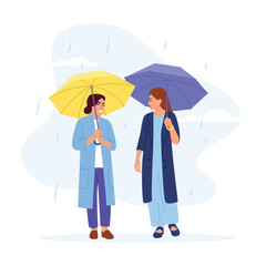 Vector illustration of beautiful girls with umbrellas in the rain. Cartoon scene with pretty girls walking, talking, smiling, holding umbrellas in the rain isolated on white background.