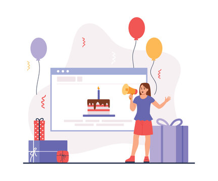 Vector illustration of a birthday concept. Cartoon scene with a girl shouting into a megaphone, a social media post with a cake with a candle, gifts of different sizes, balloons on a white background.