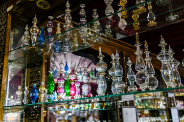 Bottles with the essential oils in egyptian shop