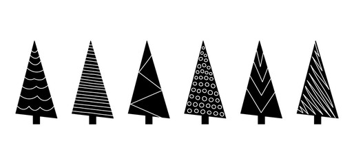 Christmas tree, xmas vector icon. New Year fir and pine set. Black silhouettes isolated on white background. Holiday illustration