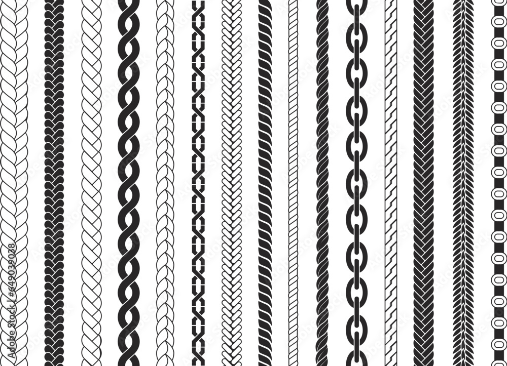 Poster braids seamless pattern. braid brushes decorative elements for design. ropes and chains textures, st
