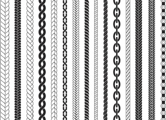 Braids seamless pattern. Braid brushes decorative elements for design. Ropes and chains textures, strings knitted decent vector decorations