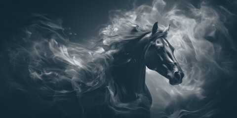 Horse in the dark with fire and smoke. Panoramic banner.