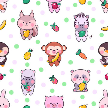 Cute animals seamless pattern. Kawaii animal funny fabric print design. Baby texture, cartoon korean japanese characters. Nowaday vector graphic
