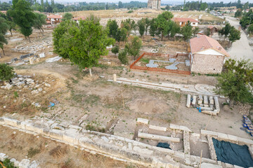 Fototapeta na wymiar Aizonai antic city ruins with Zeus temple. Aizanoi ancient city in Cavdarhisar, Kutahya, Turkey.