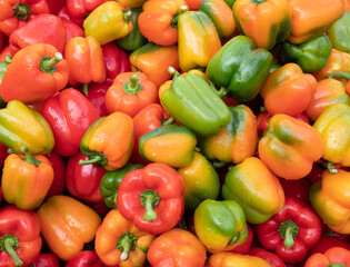 Lots of colorful bell peppers close up.