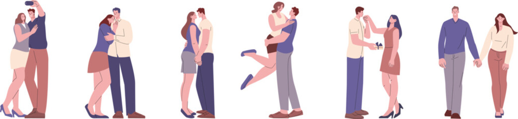Romantic love couples characters. Male female hugging and kissing, lovers relationships. People on dating, sweethearts isolated kicky vector set