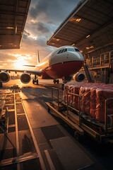 Transport plane at the airport. Workers load goods and cargo onto the plane. Cargo pallets. Air freight. - obrazy, fototapety, plakaty
