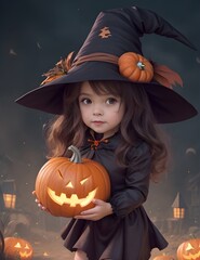 Petite fille d&eacute;guis&eacute;e en sorci&egrave;re pour Halloween