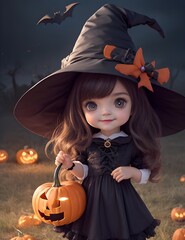 Petite fille d&eacute;guis&eacute;e en sorci&egrave;re pour Halloween