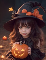Petite fille d&eacute;guis&eacute;e en sorci&egrave;re pour Halloween