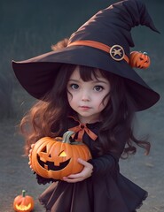 Petite fille d&eacute;guis&eacute;e en sorci&egrave;re pour Halloween