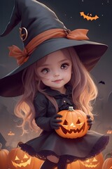 Petite fille d&eacute;guis&eacute;e en sorci&egrave;re pour Halloween