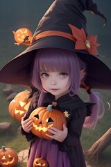 Petite fille d&eacute;guis&eacute;e en sorci&egrave;re pour Halloween