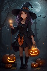 Petite fille d&eacute;guis&eacute;e en sorci&egrave;re pour Halloween