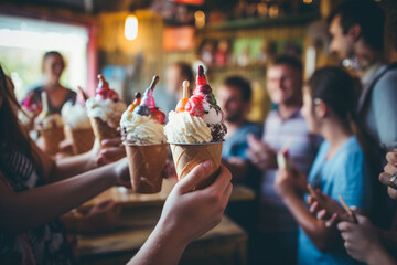 Many People holding ice cream cups with colorful toppings, Vanilla ice cream minimal wallpaper concept, Cute adorable ice cream cups, People holding ice creams on their hands, AI Generated