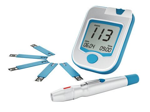 Blood glucose meter with strips isolated on transparent background. 3D illustration