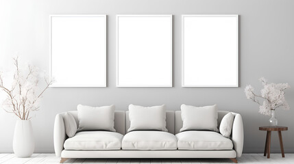 Blank canvas frame mockup on gray wall. White living room design. View of modern scandinavian style interior with artwork mock up on wall. Home staging and minimalism concept