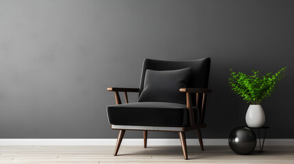 Black chair in living room, element of modern interior with chair. Home staging and minimalism concept