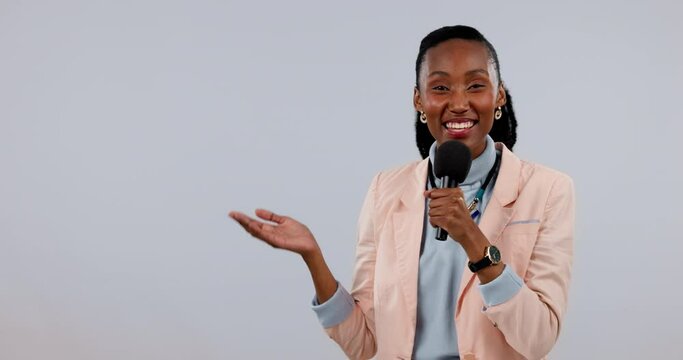Happy black woman, microphone and news anchor in broadcast, presentation or journalism against a studio background. Portrait of African female person or broadcaster talking on mic in report on mockup