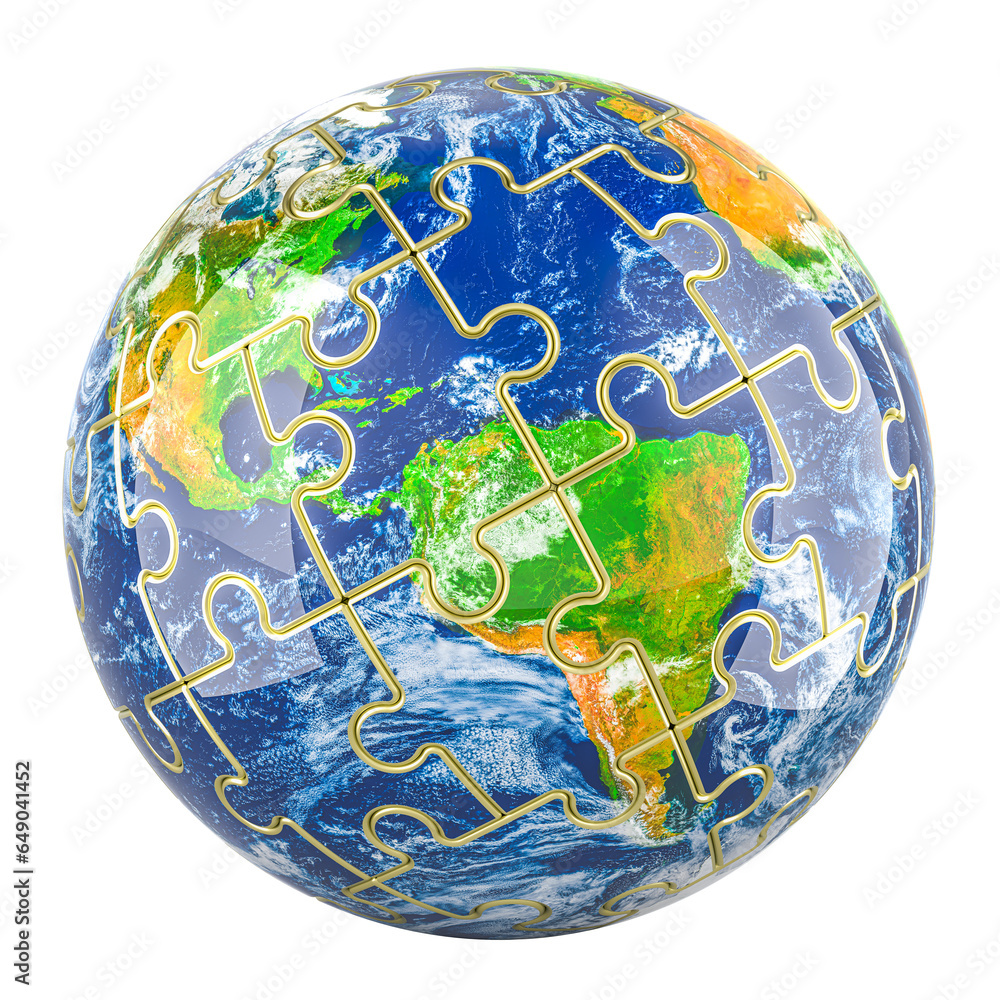 Poster earth globe from puzzles, 3d rendering isolated on transparent background