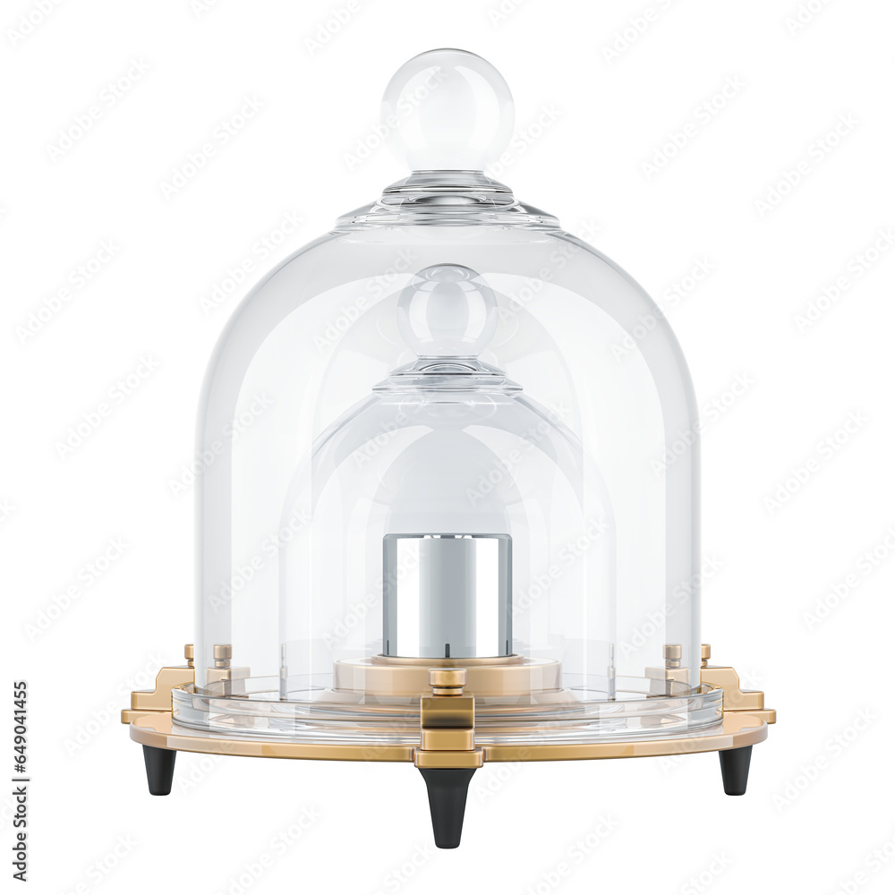 Poster international prototype of the kilogram with protective double glass bell. 3d rendering isolated on 