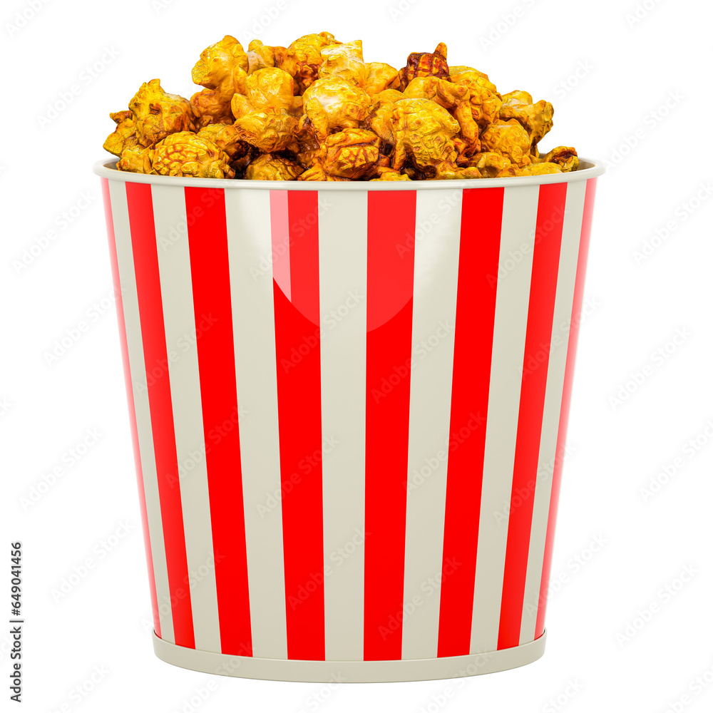 Poster large popcorn bucket with popcorn. popcorn container, 3d rendering isolated on transparent backgroun