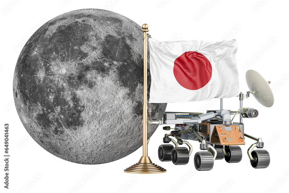 Poster japanese lunar exploration program. planetary rover with moon and japanese flag. 3d rendering isolat