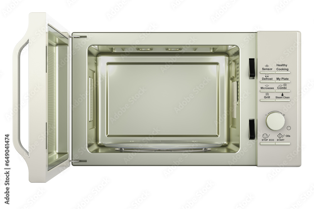 Poster microwave oven with opened door, front view. 3d rendering isolated on transparent background