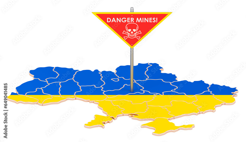 Poster ukrainian map with danger mines sign, 3d rendering isolated on transparent