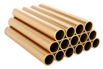 Copper pipes, brass tubes or bronze pipes, 3D rendering isolated on transparent background