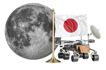 Japanese Lunar Exploration Program. Planetary rover with Moon and Japanese flag. 3D rendering isolated on transparent background