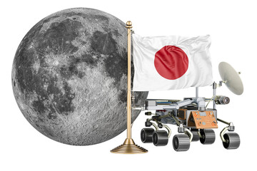 Japanese Lunar Exploration Program. Planetary rover with Moon and Japanese flag. 3D rendering isolated on transparent background © alexlmx