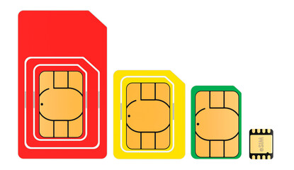 Set of SIM cards. eSIM, nano, micro and mini sim cards, 3D rendering isolated on transparent background - obrazy, fototapety, plakaty