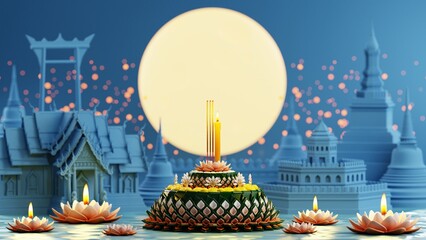 3d rendering illustration Loy Krathong festival  and Yi Peng festival in thailand  krathong from banana leaves, flowers, candles and incense sticks, fullmoon, river, and night background color. - obrazy, fototapety, plakaty