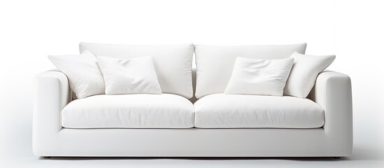 A solitary white sofa with two seats in plush fabric set apart on a white backdrop