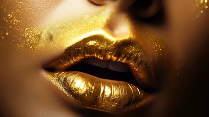 Fotobehang golden lips, gold glitter golden makeup. luxury fashion makeup © Vahagn