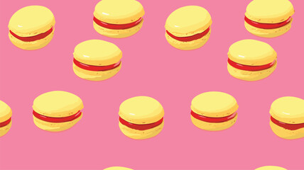 Macaroons pattern. pink french macaroon dessert with yellow cream on a pattern for textiles, wallpapers, backgrounds, packaging