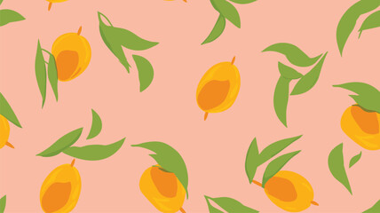 Mango pattern. Fruit seamless pattern. Ripe yellow mango whole with leaves on a pink background. Illustration for fabric, wallpapers, posters.