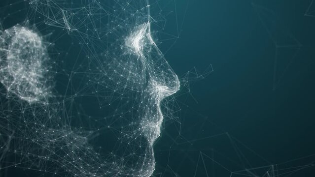 Artificial intelligence humanoid head. AI with digital brain. Big data analysis information and neural network concept. Face of cyber mind. Technology abstract background. Digital polygonal 3D render