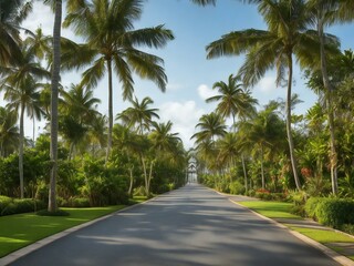 Fototapeta na wymiar a road lined with palm trees and bushes