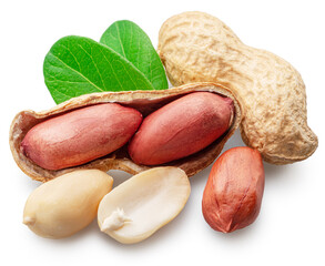 Peanut or groundnut whole and cracked on white background. Clipping path.