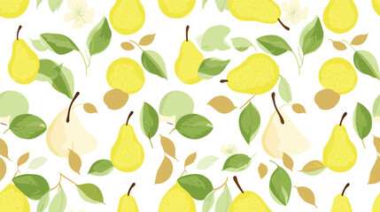 Pear seamless pattern. Yellow pears on a green background. Fabric and textiles for the home. Background.  