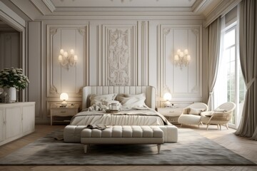 Classic luxury bedroom interior in light pastel and golden colors