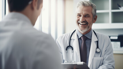 Doctor with clipboard talking to smiling patient at hospital or health clinic - obrazy, fototapety, plakaty