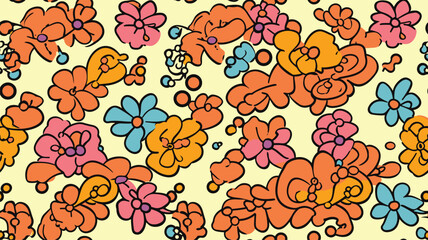 Retro 70s psychedelic seamless pattern, groovy hippie backgrounds. Cartoon funky print with flowers and mushrooms, hippy pattern vector set.