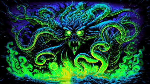 Cthulhu Trippy Blacklight Poster Style VJ Seamless Animation Looping Video Neon Colors Strange Nightmare Gods HP Lovecraft Halloween Monsters Tentacle Sea Kraken Otherworldly Alien Scifi Fantasy