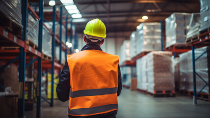 Logistics employee working inside warehouse or shipping center